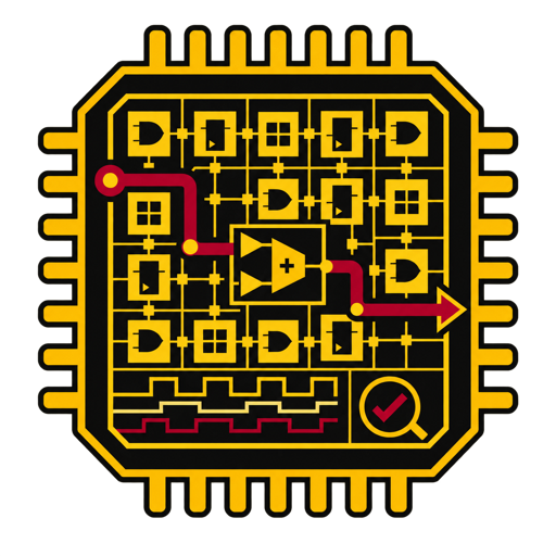 Abstract FPGA chip with routed logic, datapath, and verification waveforms